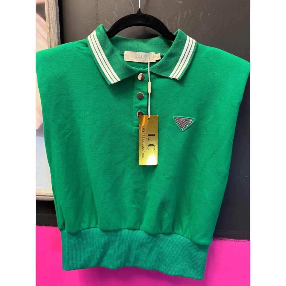 Lizette Collection Green Sleeveless Polo Top Padded Shoulders Rhinestone Logo M